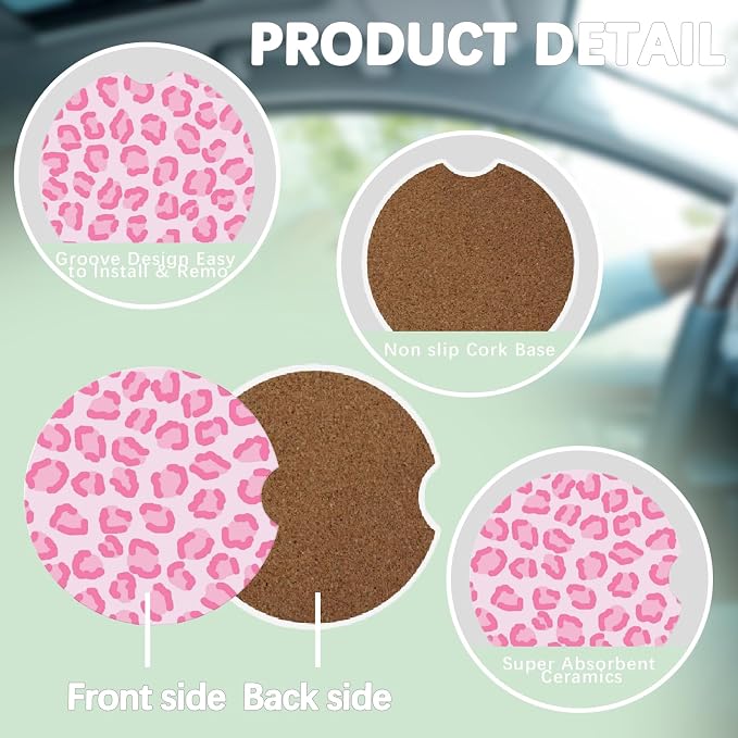 Portavasos para auto cerámico absorvente rosa leopardo 2 piezas miniatura 4