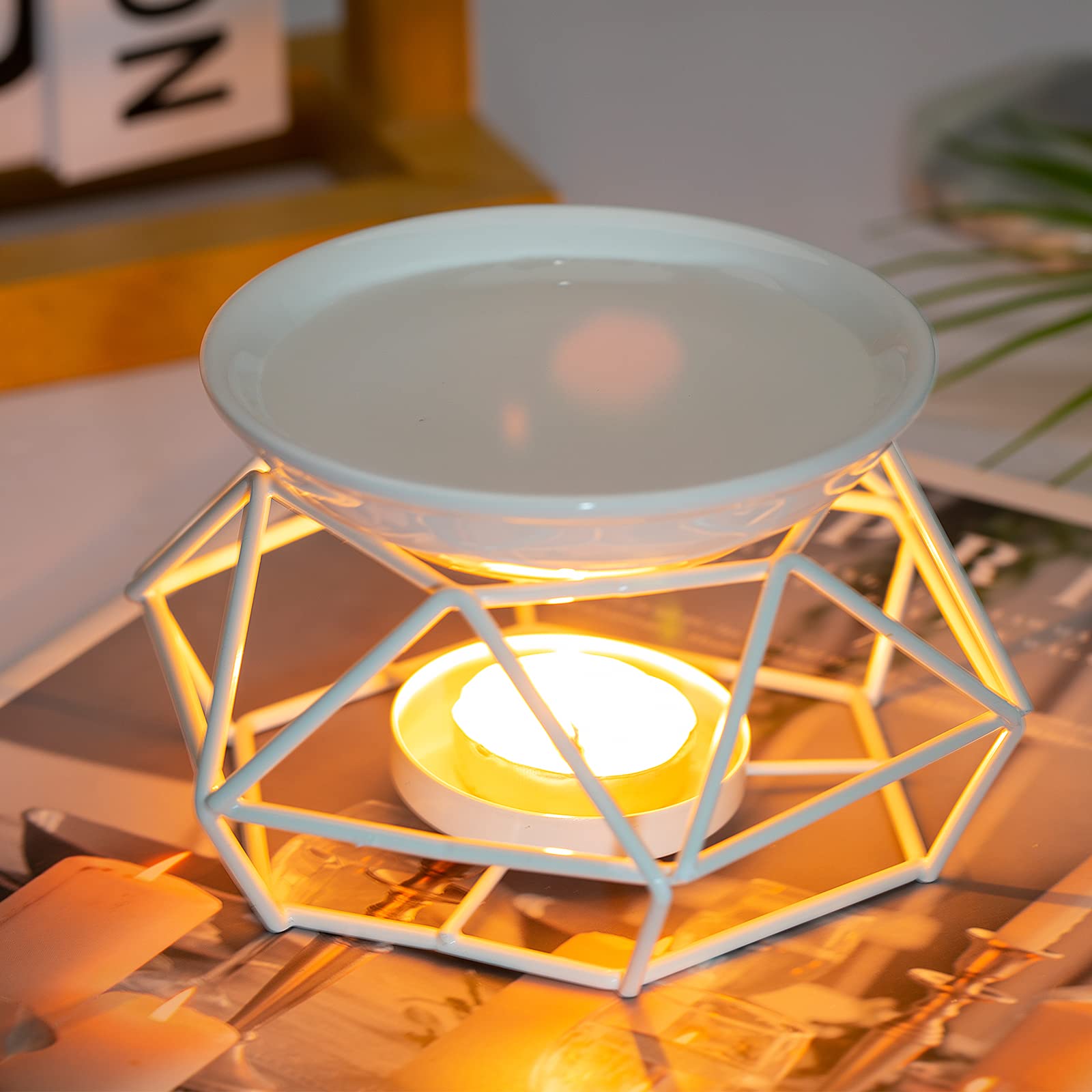 Lampe à Bougie parfumée en métal avec Support pour Bougie Chauffe-Plat(Blanc)