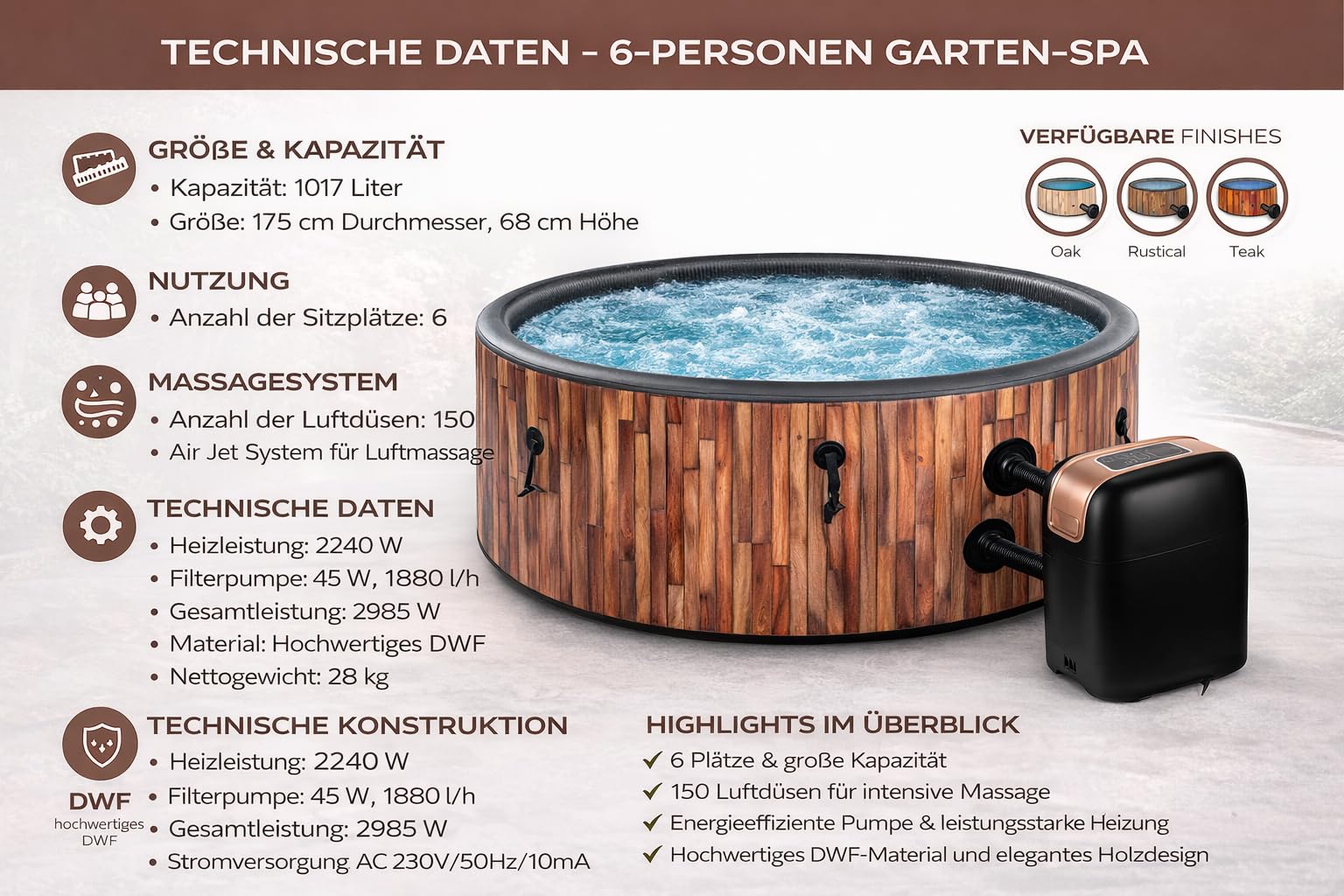 COIL Ogród SPA Outdoor Winterfest SPA nadmuchiwany – 6 osób, imitacja drewna, wytrzymały materiał DWF, szybkie nadmuchiwanie, wellness hydromasaż (rustykalny)