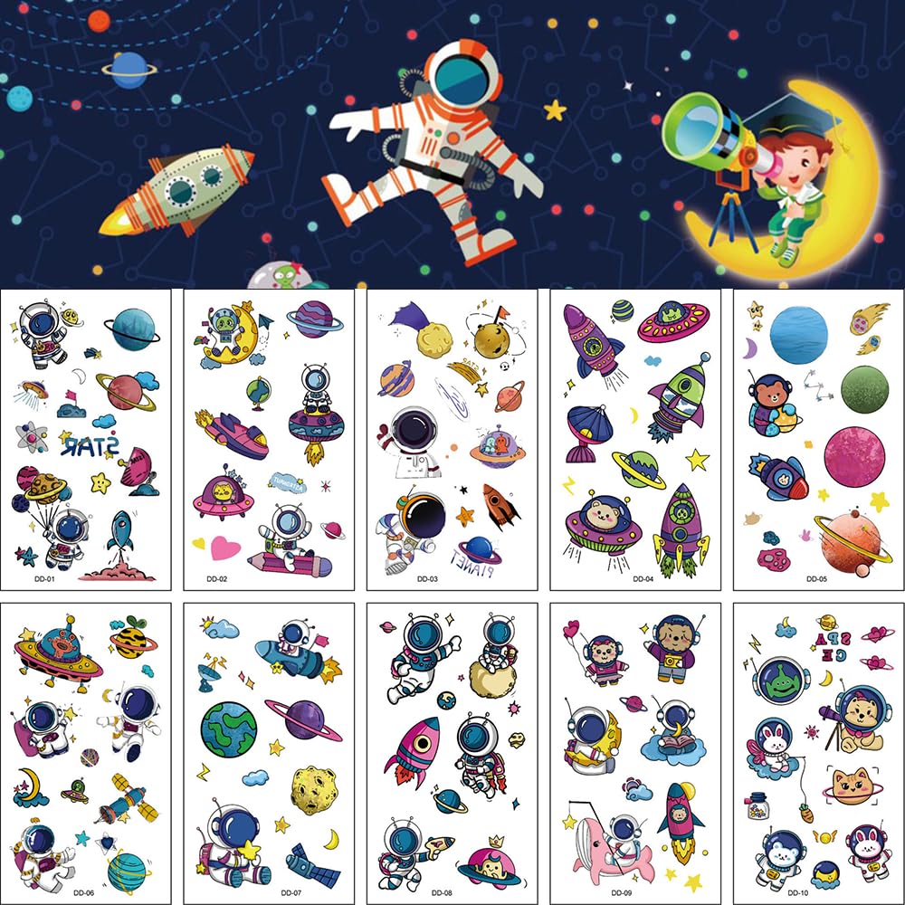 KOZNATemporary Cartoon Tattoos Stickers,Birthday Decorations Party Favors Supplies for Kids, Boys and Girls,Fake Cartoon Tattoo Prizes Gifts Toys for Children Kids Toddlers,10 Pcs (Vast Universe)