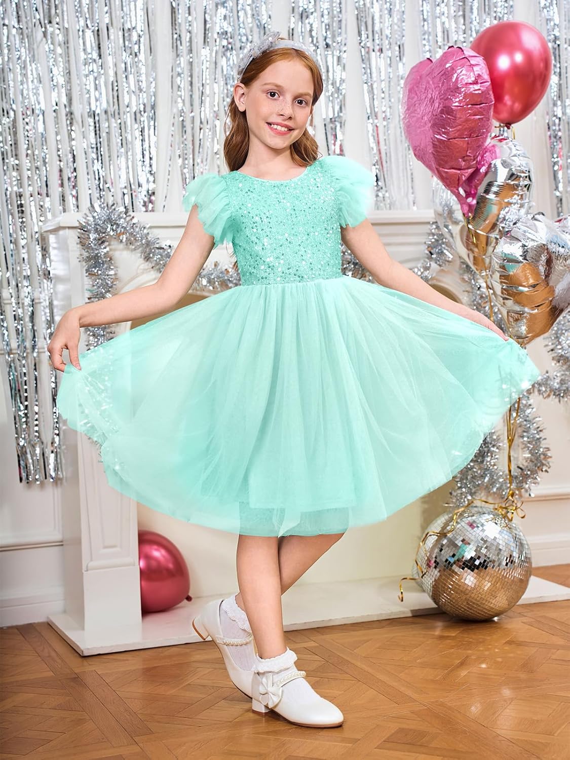 Girls Sequin Tutu Dress Kids Sparkly Flutter Sleeve Party Tulle Dresses 5-14 Years - Image 2