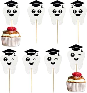24 Pcs Congrats Dentist Graduation Cupcake Toppers, 2 Glitter Tooth Designs with Cap, Cute Smiling Tooth Picks for Dental School Graduation, Hygienist Party Supplies, and Clinic Celebration Decoration