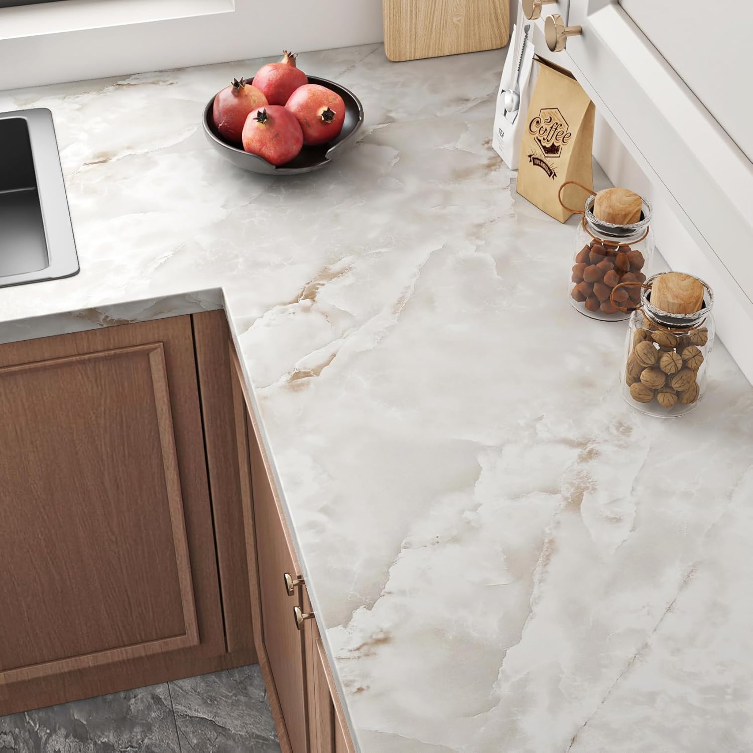 Livelynine Beige White Marble Contact Paper for Countertops Cabinets Kitchen Counter Top Peel and Stick Waterproof Desk Cover Table Vinyl Wrap Removable Tan Cream Marble Wallpaper Bathroom 15.8x78.8
