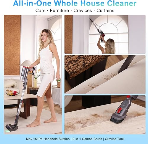 Miniatura 4 de Aspiradora inalámbrica, 8 en 1, potente aspiradora de palo para el hogar con 35 kPa, 35 minutos de tiempo de funcionamiento, cubo de basura de 1