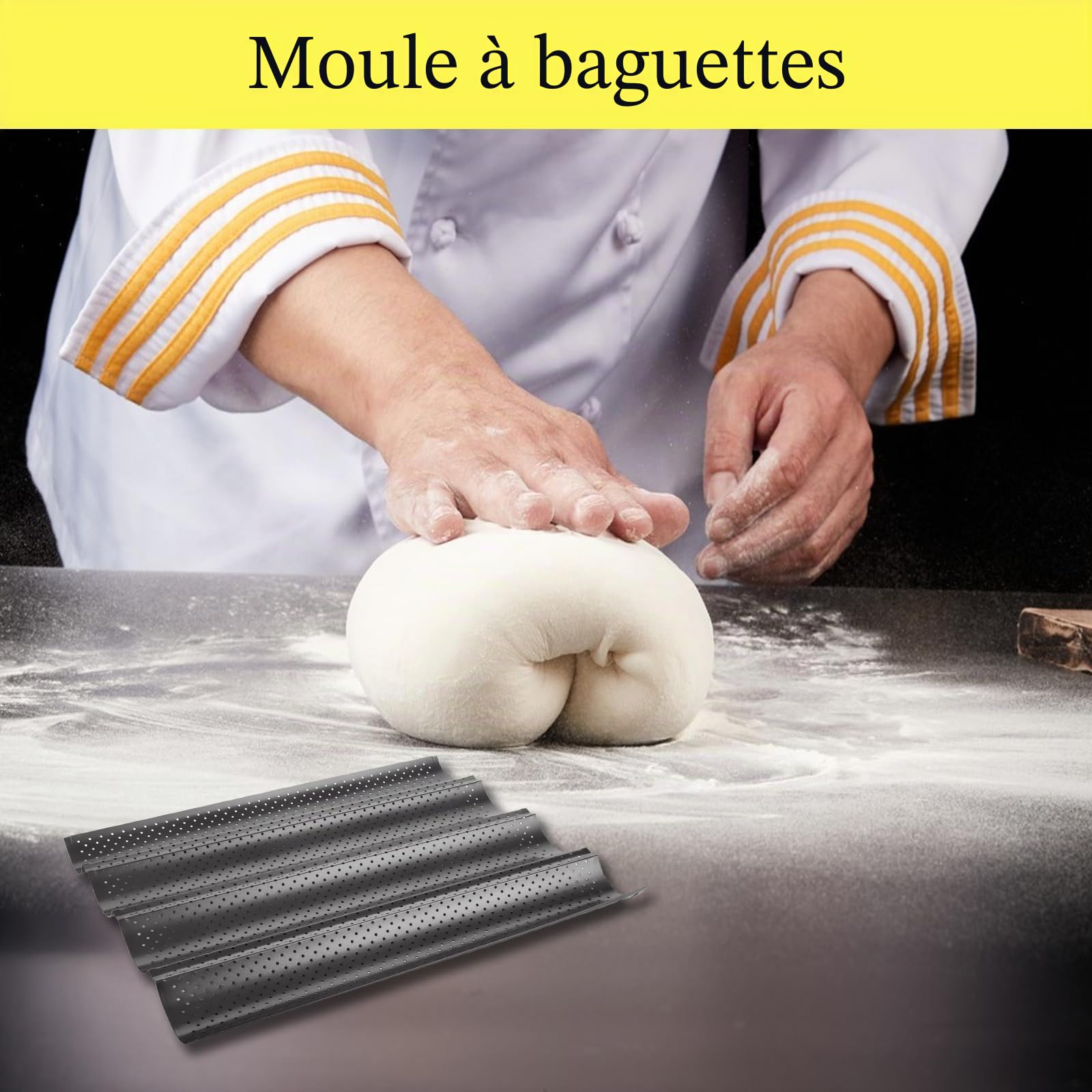 WOPPLXY 3 Pièces Moule a Baguette de 4 Créneaux, Noir Moule Baguette Four de 38 x 32cm, Moule à Pain en Acier au Carbone pour 4 Baguettes