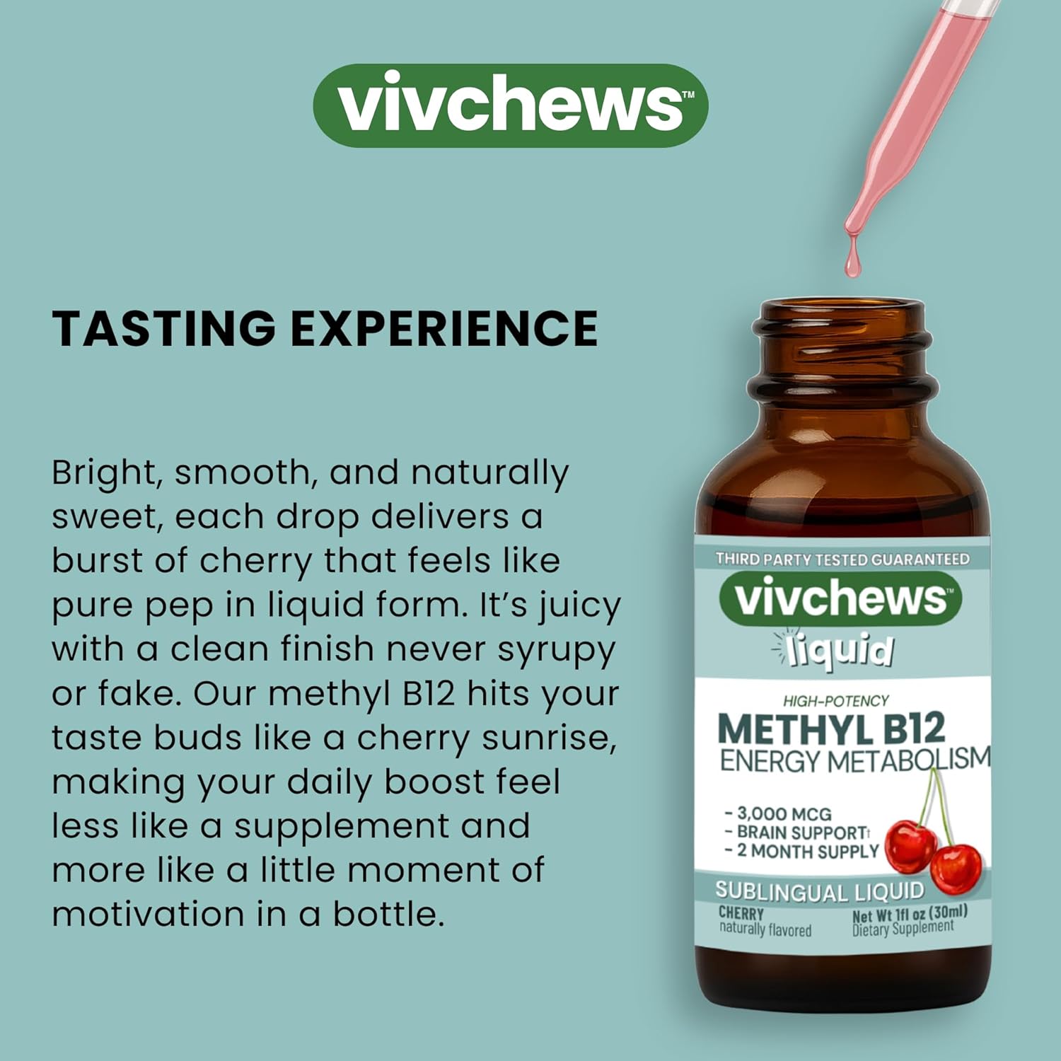 High-Potency Vegan Methyl B12 Liquid Drops for Energy & Brain Support, 3,000 mcg per Serving, Stevia-Sweetened, Non-GMO, Gluten-Free, Alcohol-Free, 2-Month Supply, Nothing Artificial