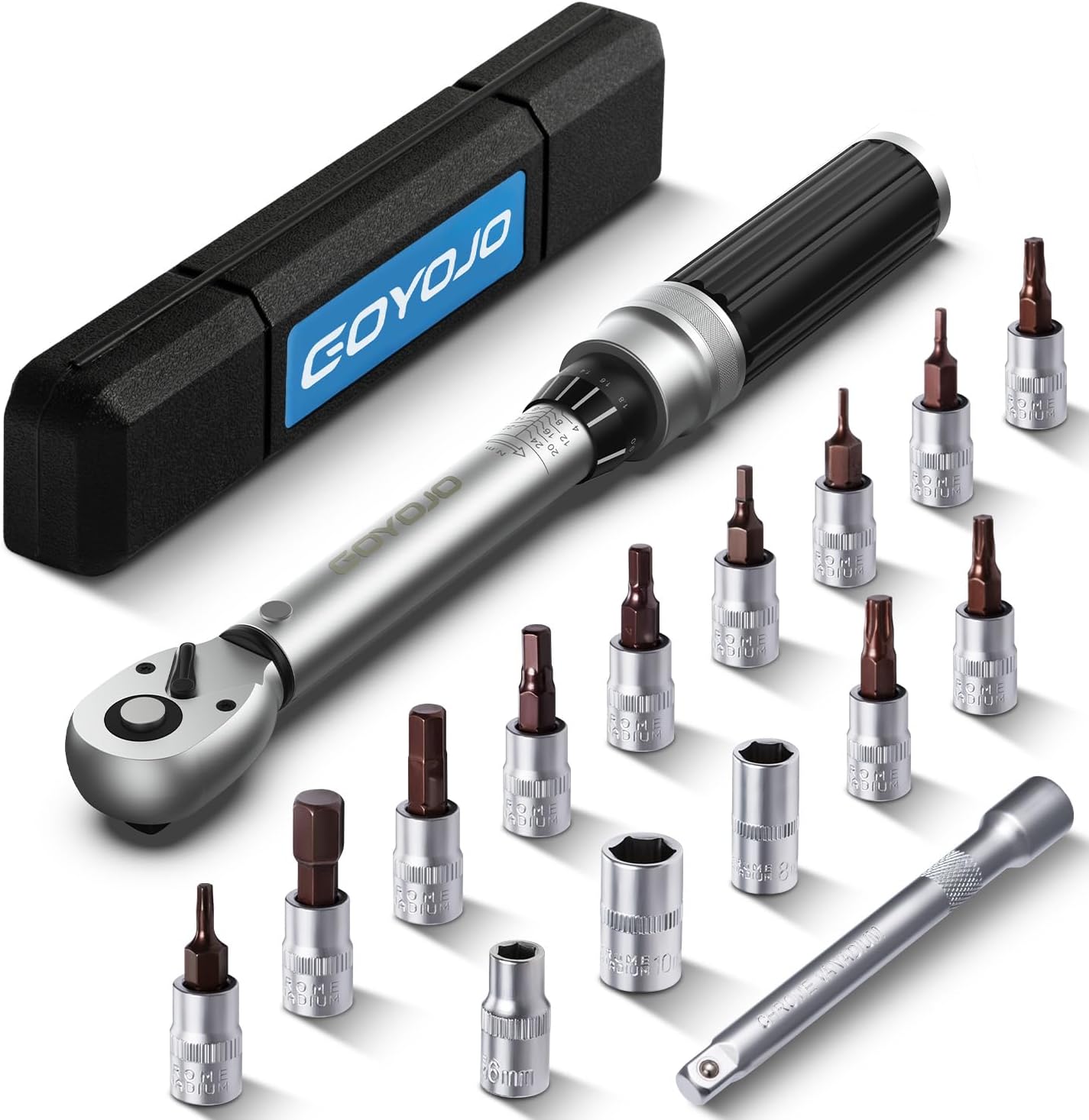 GOYOJO 1/4 inch 2-24N.m Torque Wrench with various bits and extension bar in a black case.