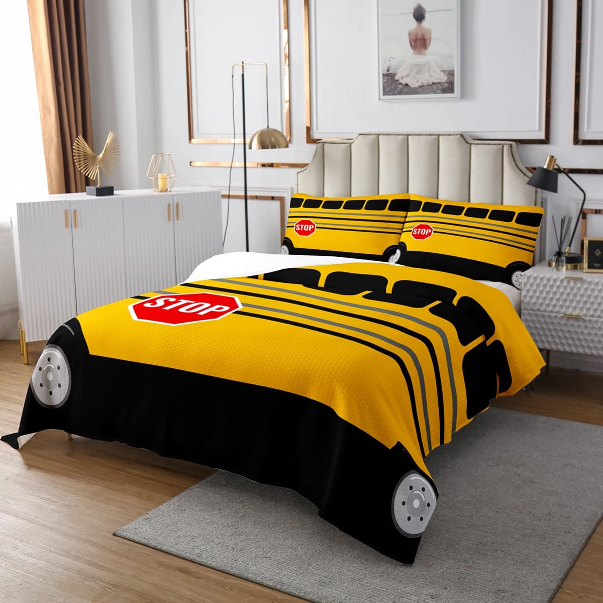 Juego de funda para autobús escolar, caricatura, para niños, niñas, coche, escolar, estilo infantil, lindo, acolchado, habitación de vehículo, 3 piezas, tamaño King