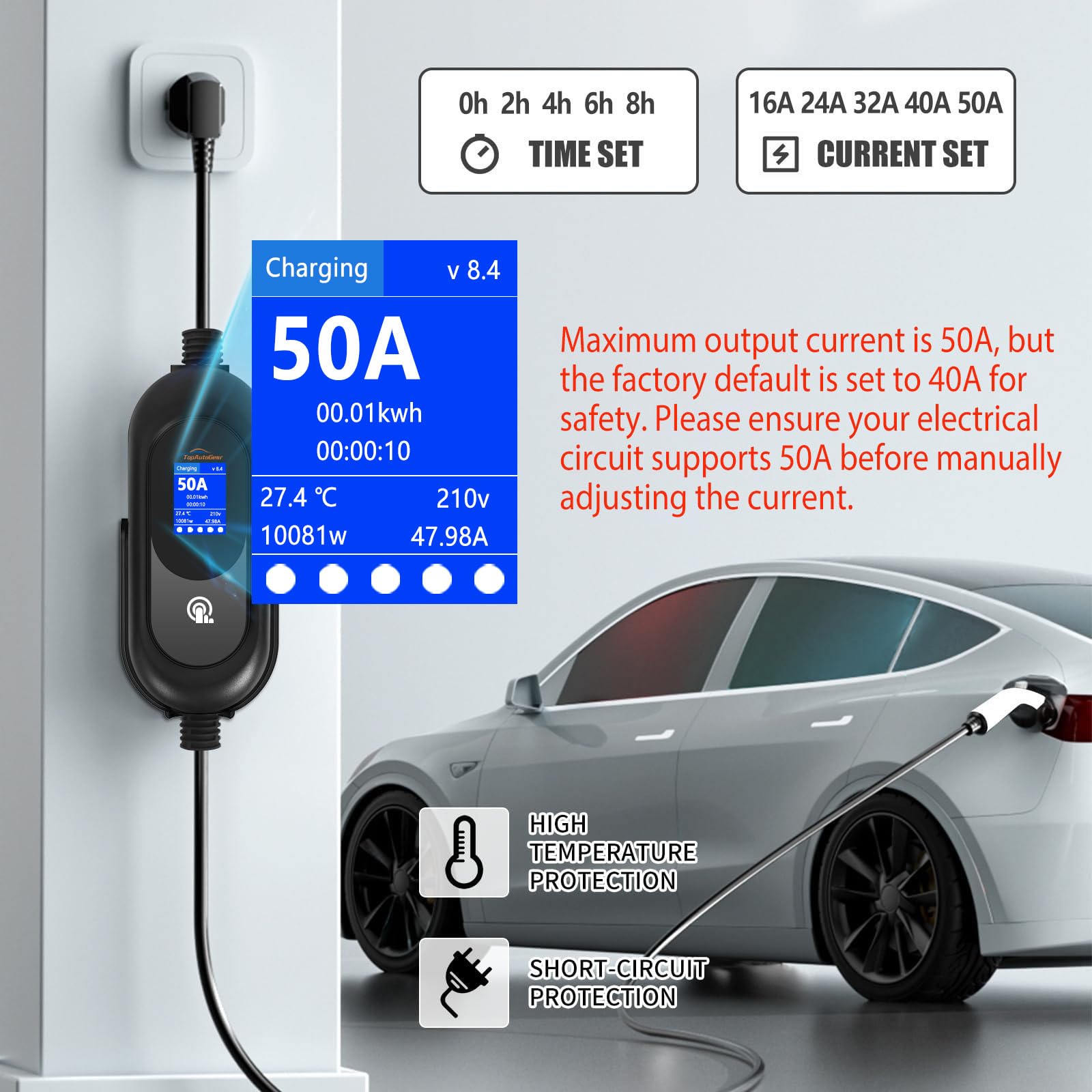 Amazon.com: Level 2 EV Charger 50A 240V, ETL Certified, 45 Miles/Hour Fast  Charging, NEMA 14-50 Plug, 25FT TPU Cable, IP54 Waterproof, Smart LCD Delay  Timer, SAE J1772 Compatible for Home & Outdoor