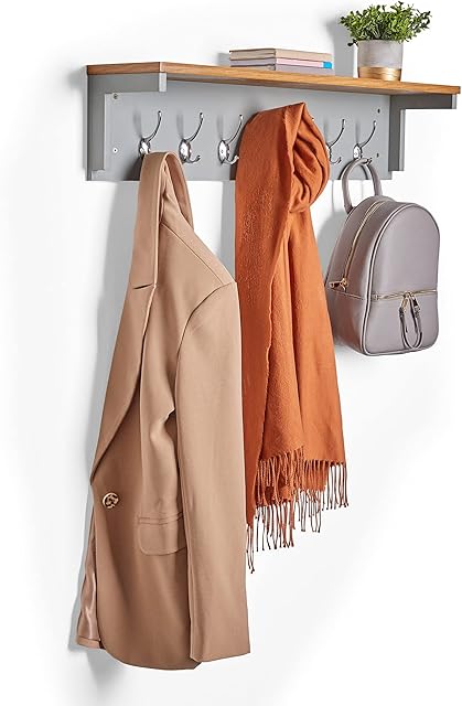 VonHaus Coat Hooks Wall Mounted - Grey Coat Rack w/ Large Shelf & 7 Strong Double Coat Hooks - Hallway Organiser w/ Ash Wood Veneer for Hall & Entryway - for Coat's, Scarves, Bags - 60kg Max Capacity