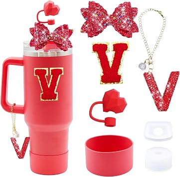 7Pcs Red Stanley Cup Accessories Set For Stanley Cup 30oz 40oz tumbler with handle,Including Heart Straw Topper Cover Cap,Letter Charm,Red Shiny Bow,Spill Proof Stopper,Silicone BootLetter V