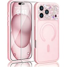 Bling Case Compatible with iPhone 17 Pro Max 6.9", Full Camera Protection Phone Case with Glitter Rhinestone [Military Grade Translucent] [Fit for Mag-Safe],Pink