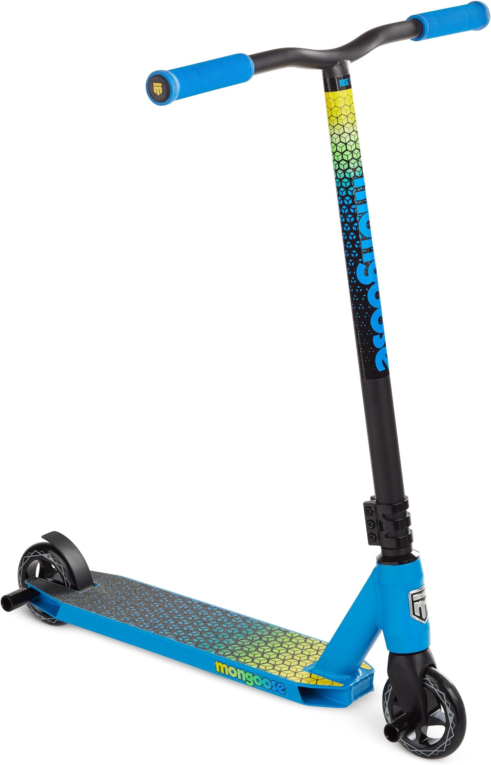 Mongoose Rise 110 Elite Kids Youth Adult Freestyle Stunt/Trix Scooter, High Impact 110mm Wheels, Bicycle Style Grip, Lightweight Alloy Deck, Blue/Yellow