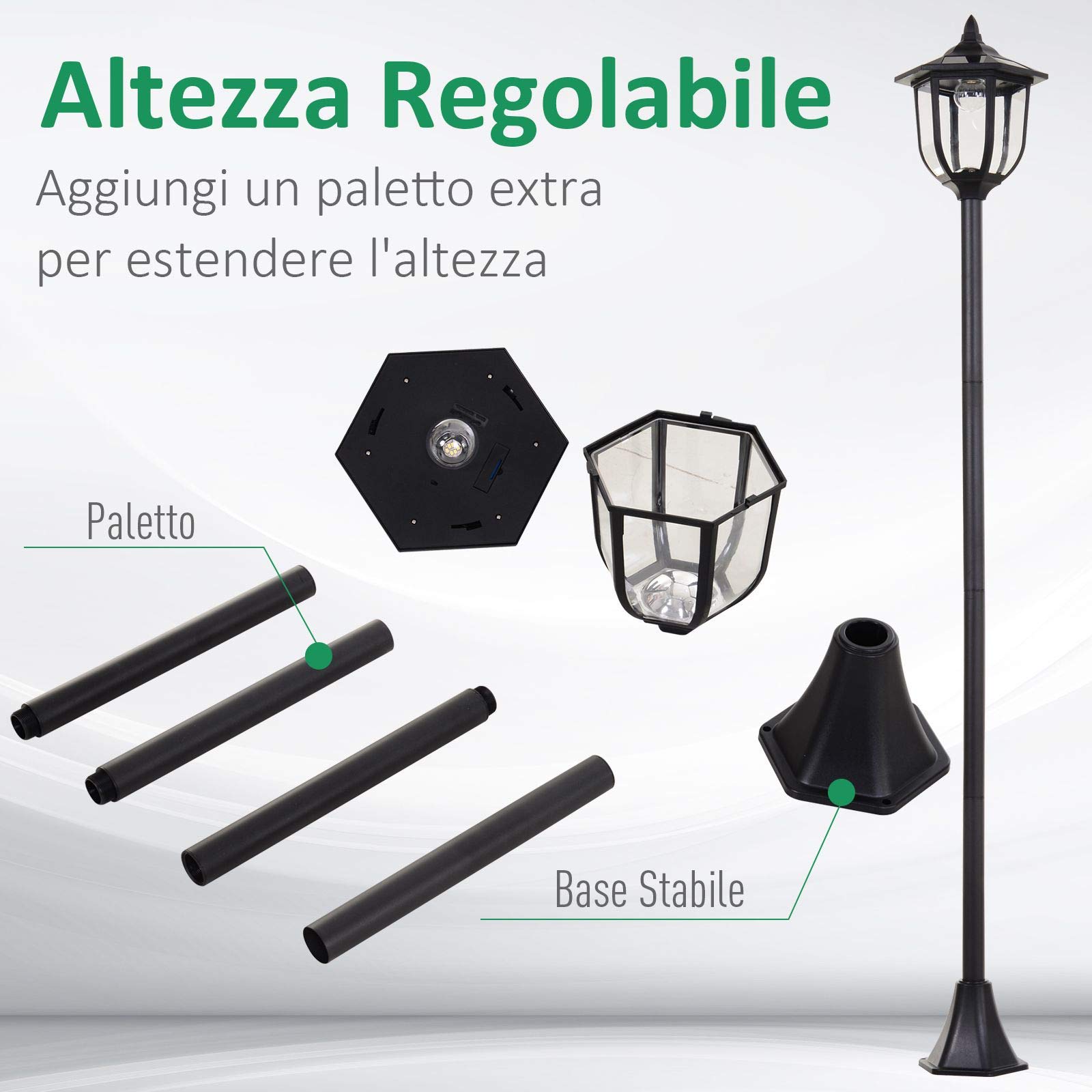 Outsunny Set 2 Lampioncini Solari da Esterno, Lampade da Giardino a Energia Solare 6 Luci LED IP44, Ø26.5 x 177cm, Nero