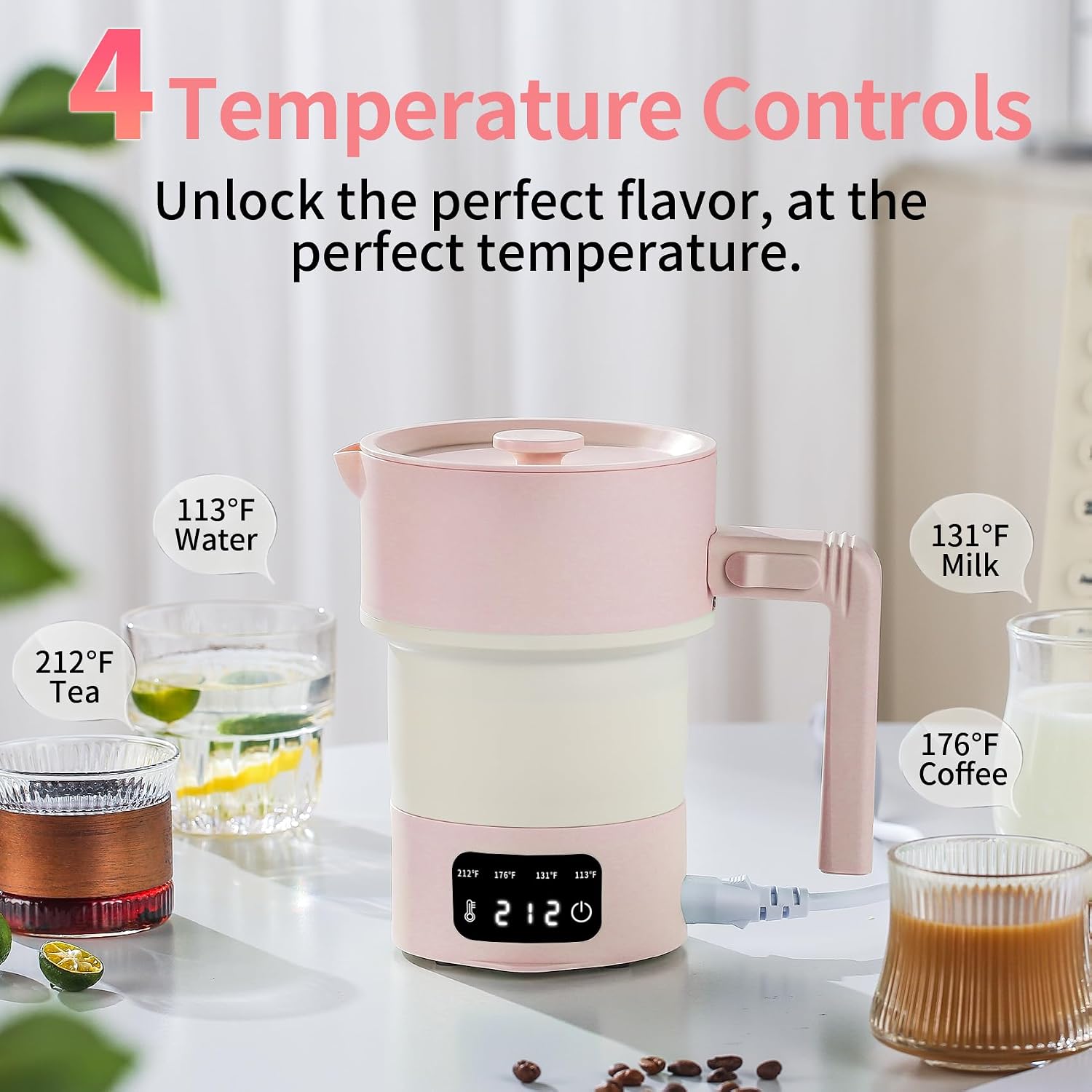 travel electric kettle-collapsible portable electric kettle, 600w foldable small water boiler with 4-temp presets, food grade silicone for hotel, office, camping (pink, 600ml) pink 0.6 quarts