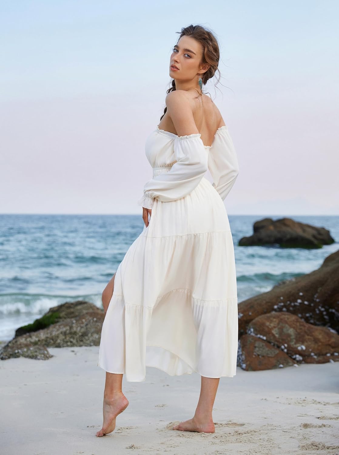 SCARLET DARKNESS Women's Boho Dress 2026 Summer Off The Shoulder Long Sleeve Renaissance Maxi Dresses with Split - Image 7