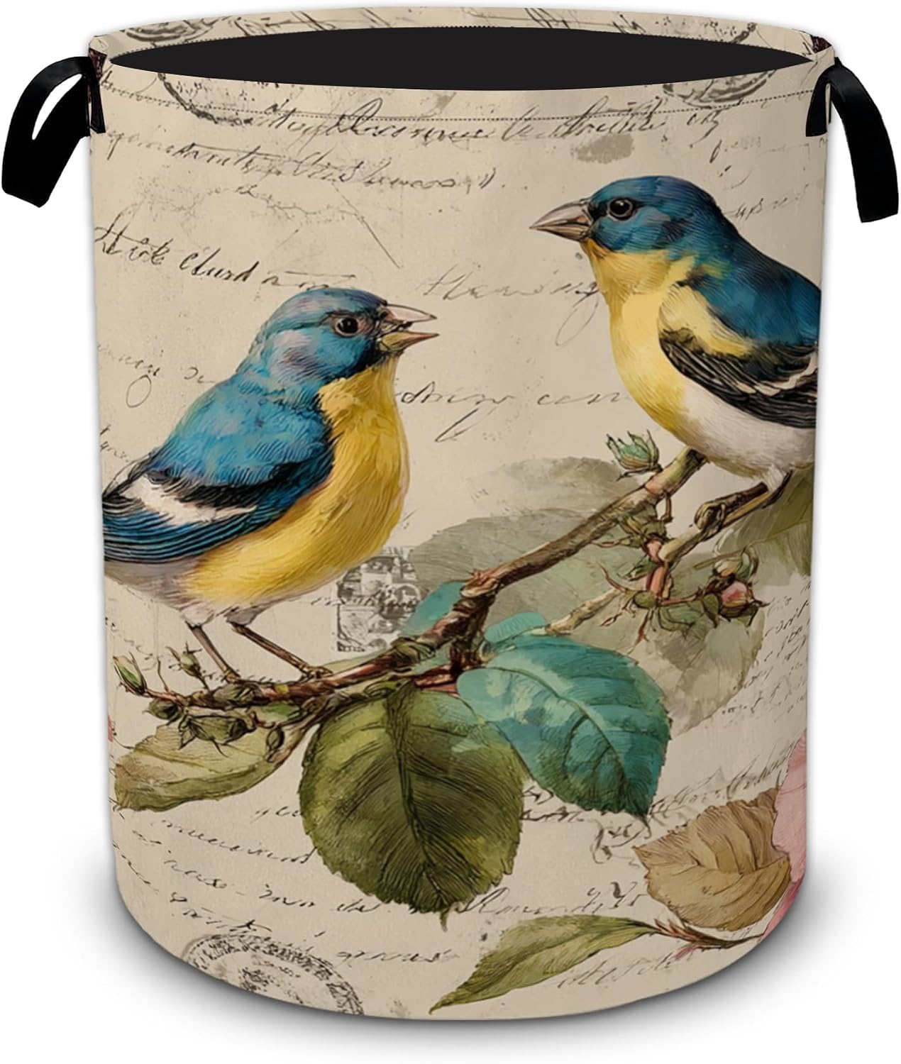 Vintage Birds Laundry Hamper,Collapsible Laundry Baskets, Dirty Clothes Baskets with Handles,Oxford Cloth Hamper for Bedroom,Bathroom,Laundry Room,College Dorms,16"x20"