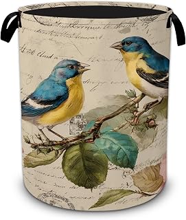 Vintage Birds Laundry Hamper,Collapsible Laundry Baskets, Dirty Clothes Baskets with Handles,Oxford Cloth Hamper for Bedroom,Bathroom,Laundry Room,College Dorms,16"x20"