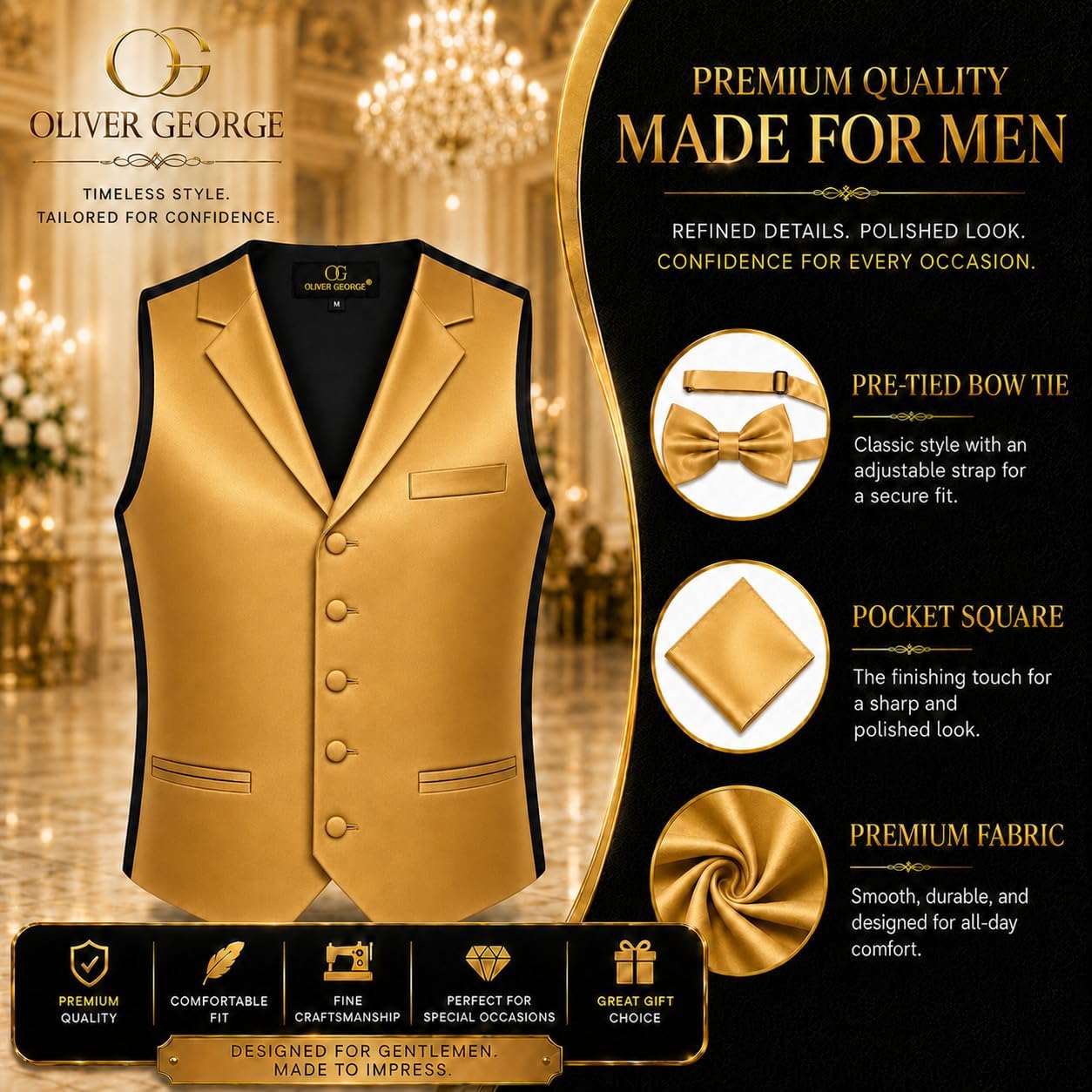 Oliver George Men’s 3pc Solid Suit Vest Notch Shawl Lapel Waistcoat Tuxedo Dress Vest BowTie Handkerchief Set