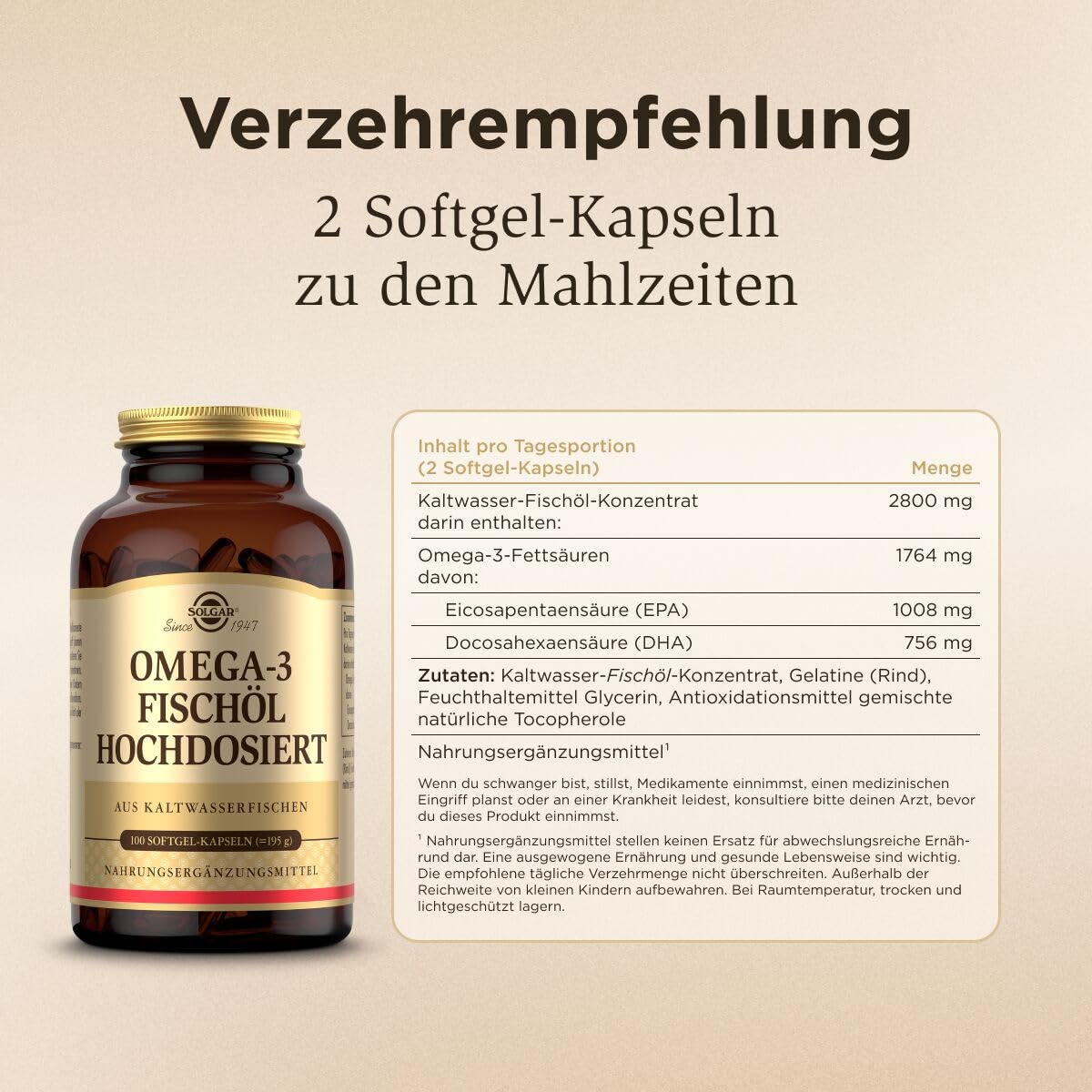 SOLGAR® Omega-3 Fischöl hochdosiert | Kaltwasser-Fischöl mit EPA und DHA | Mehrfach ungesättigte Fettsäuren | mit 1764 mg Omega-3-Fettsäuren pro Tagesdosis | 100 Softgel-Kapseln
