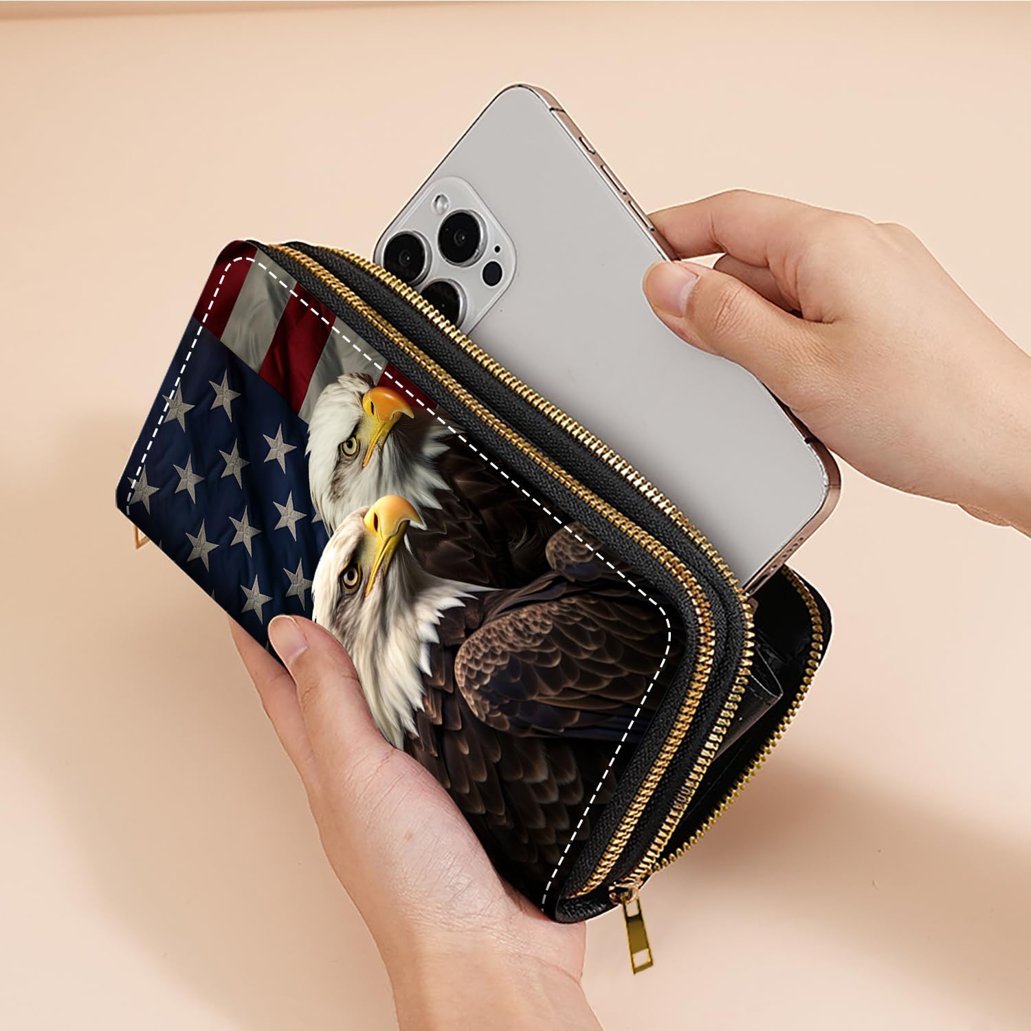 American Flag Bald Eagle Print Women's Large Capacity Wallet PU Leather Double Zipper Clutch Purse for Cash/Card/Coin/Smart Phone