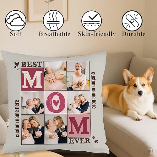 Miniatura 4 de Customizable Pillowcase with 6 Images and Text Dedicated to Mom, Decorative Cushion offering a Warm Gift for Anniversaries Birthdays Christmas or