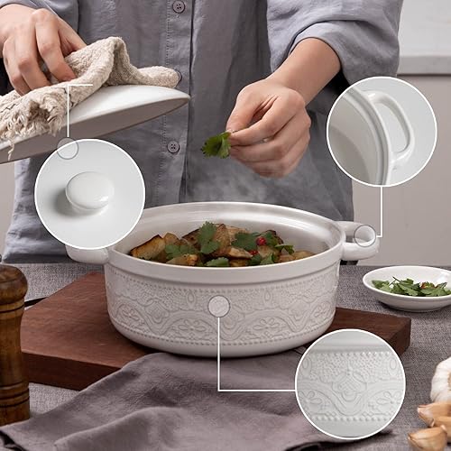 Miniatura 3 de FUN ELEMENTS - Plato de cacerola, plato de encaje en relieve de 2 cuartos de galón con tapa, horno a mesa, asas redondas de cerámica para cena