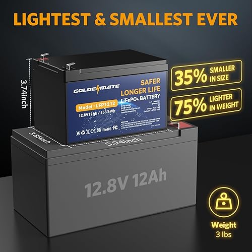 Miniatura 2 de GOLDENMATE Batería de litio LiFePO4 de 12 V y 12 Ah, batería recargable de más de 5000 ciclos profundos, BMS de 12 A, fosfato de hierro de litio