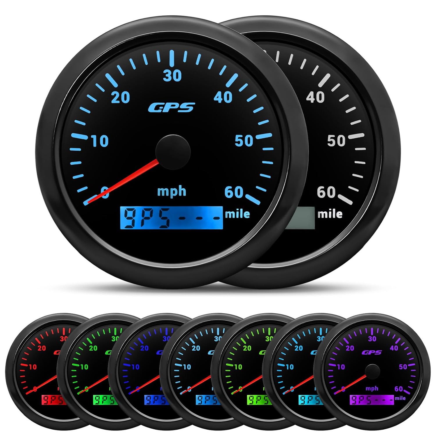 ARTILAURA GPS Speedometer 85mm 3-3/8" Digital Odometer 60MPH Speed Gauge 7 Color Waterproof for AUTO Car Marine Truck 9-32V (Black)