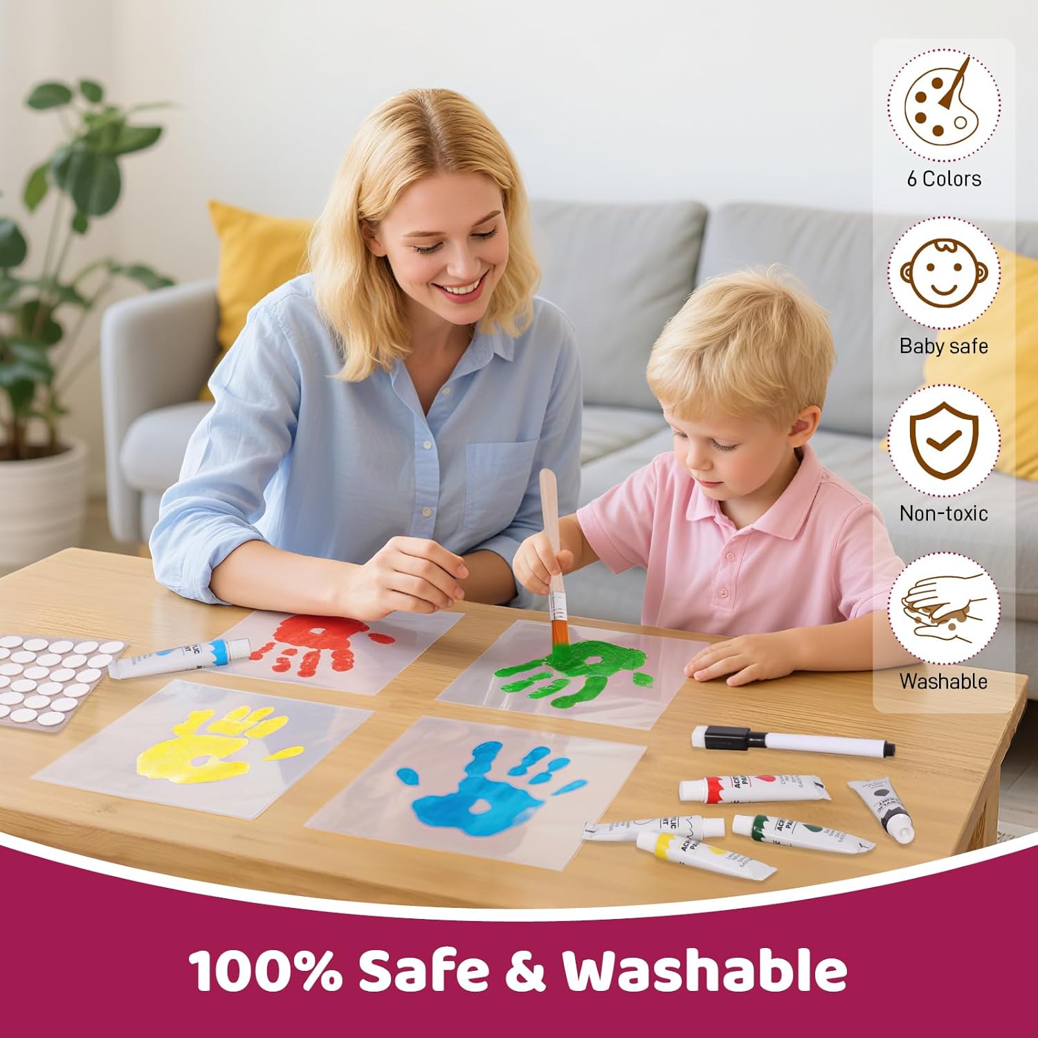 Family Handprint Kit, DIY Baby Hand and Footprint Handmade Keepsake Wooden Frame with 6 Non-Toxic Baby-Safe Paint, Family Gifts Ideas Gift for New Parents, Grandparents, Father's Day, Mother's Day