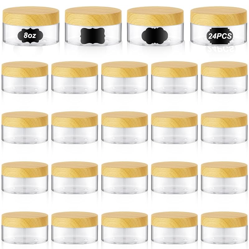 Dandat Pacote com 24 frascos cosméticos de PET transparente com tampas em padrão de madeira clara e etiquetas