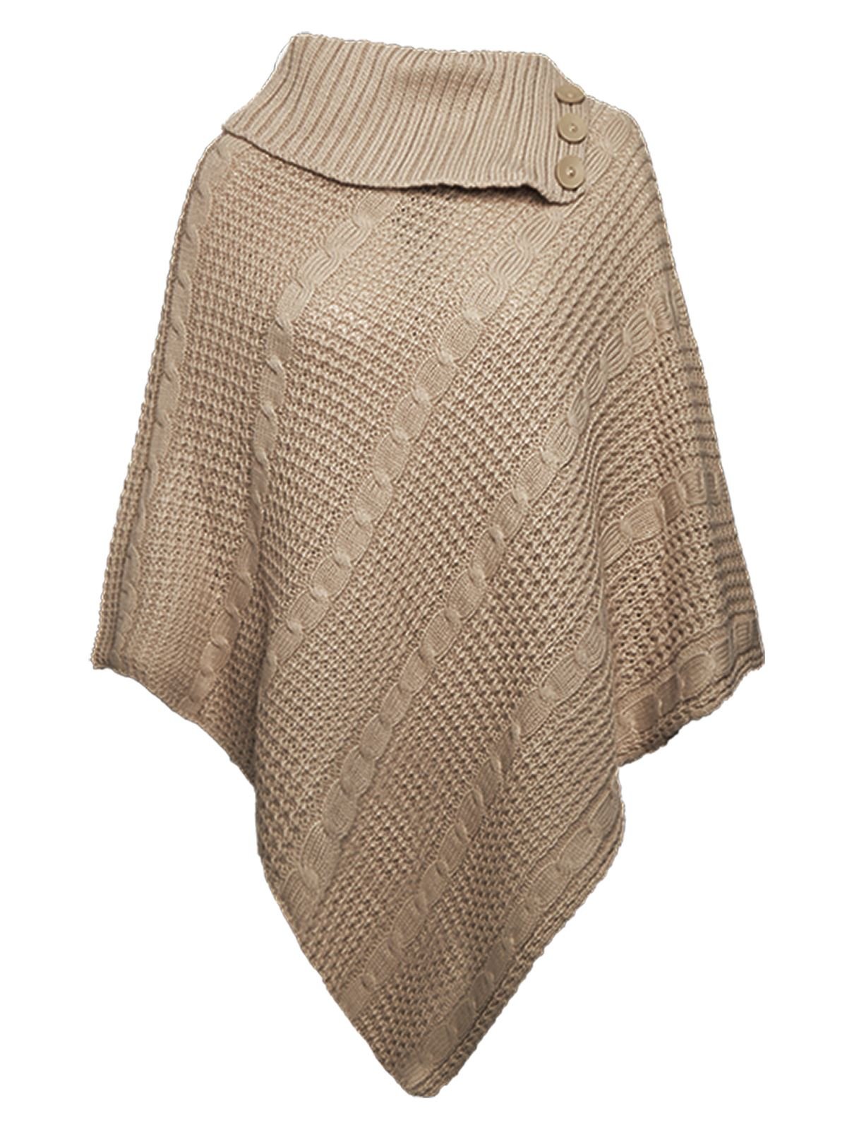GOSTYLES® Womens Cable Knitted 3-Button Cape Poncho, Ladies Stylish Casual Winter Knitwear Jumper (Stone, XXL)