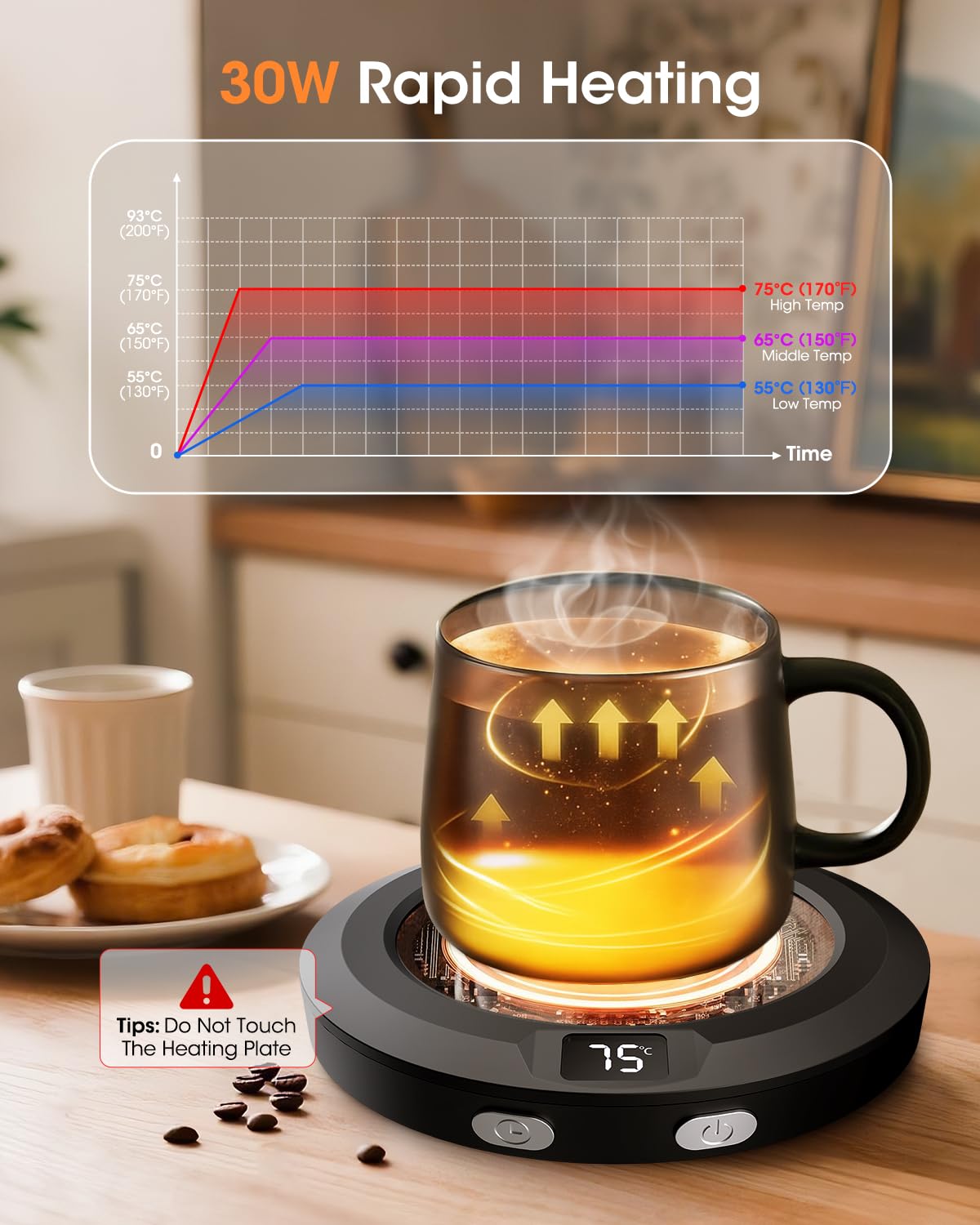 Calentador de Tazas 3 Ajustes de Temperatura Apagado Automático 2-12h para Café Leche Té (Negro)