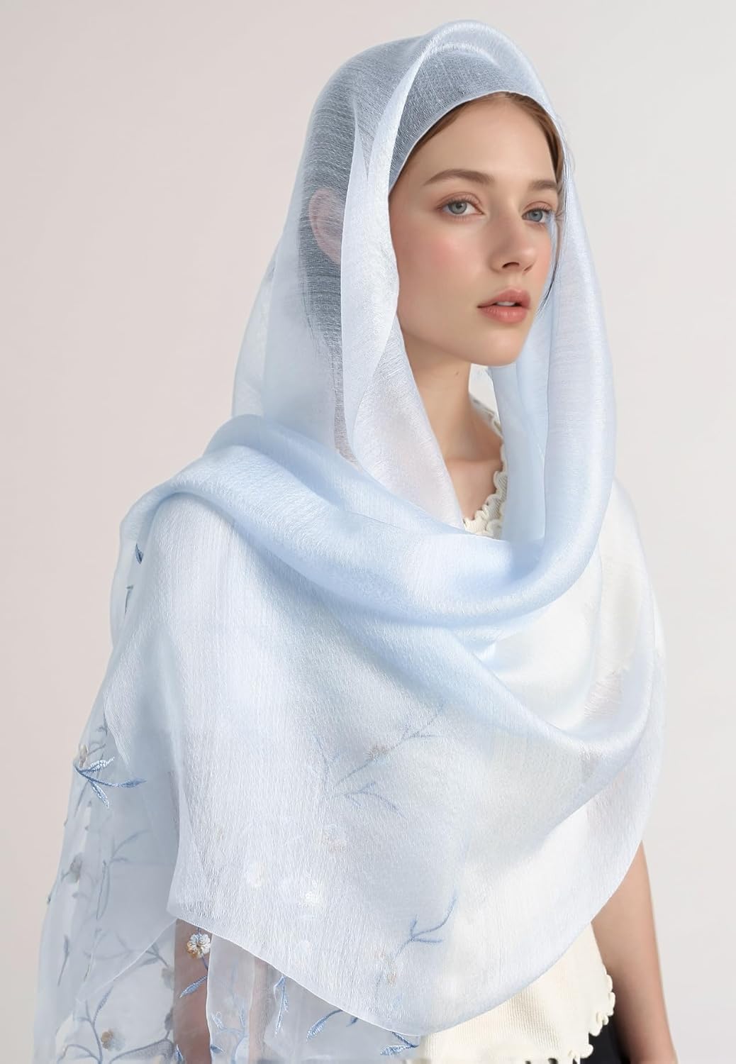 Jeelow Silk Wool Floral Fashion Scarf Shawl Wrap Lightweight Sheer For Women Floral Embroidery Wedding Party Prom - Image 7