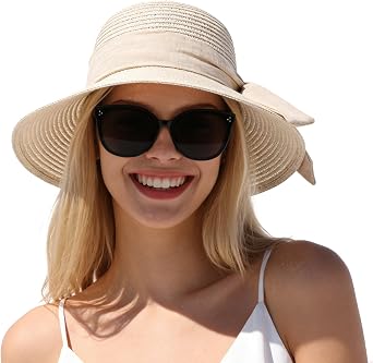 Womens Wide Brim Straw Hat, Summer Beach Sun Hats, Foldable Travel Bucket Hat