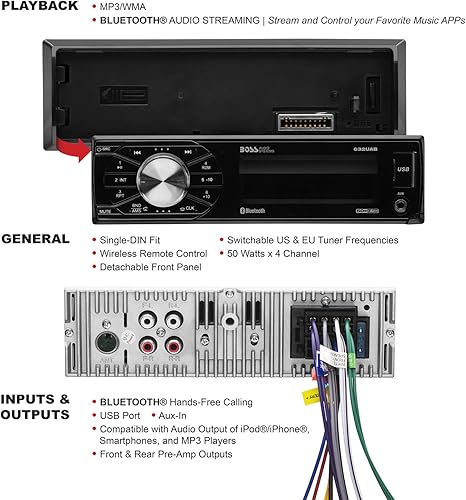 Miniatura 9 de Boss Audio Systems 611UAB - Estéreo multimedia para auto - Un solo Din audio Bluetooth y llamadas manos libres micrófono incorporado reproductor de
