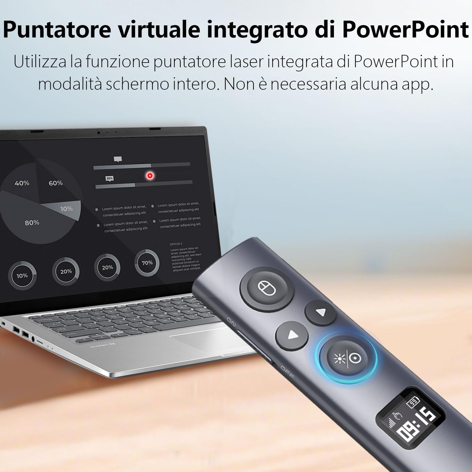 Norwii N95s BLE Clicker per Presentazioni con Puntatore Digitale per PowerPoint su Schermo TV/Proiezione, Telecomando Presentatore Wireless con Timer Conto alla Rovescia (Verde - USB-A)