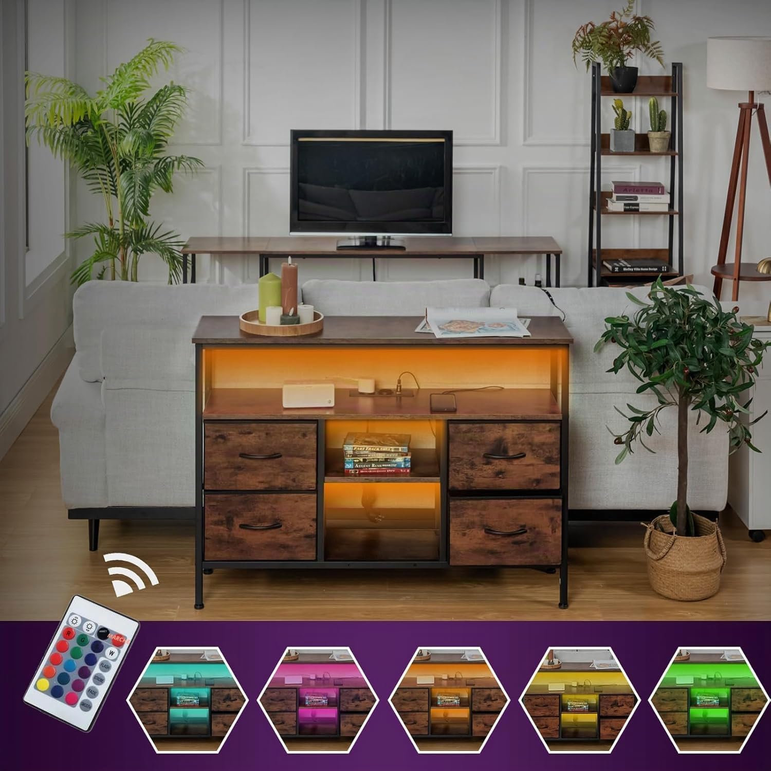 Meuble TV LED Meuble Télé Industriel Noir et Bois 110×30×78cm | PRISES ET RANGEMENT Deux prises et deux ports USB avec câble d’alimentation plus 4 tiroirs en tissu pour un usage quotidien