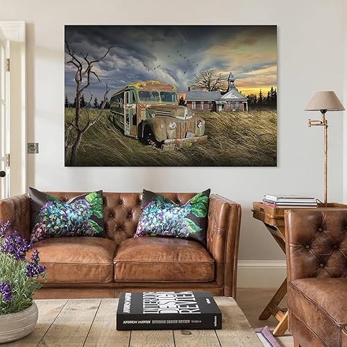 Miniatura 3 de Póster de arte en lienzo con vista al campo de autobús escolar abandonado con vista al campo de granero y arte de pared, decoración moderna de