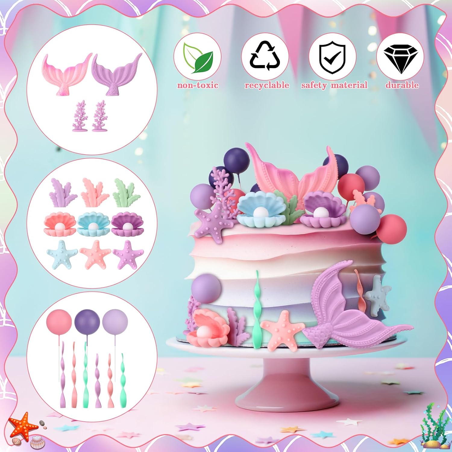 Mermaid Cake Topper, 40 Pcs Under the Sea Cake Decorations with Seaweed Shells Starfish Coralal, Cake Decor for Birthday, Baby Shower Party - Image 3