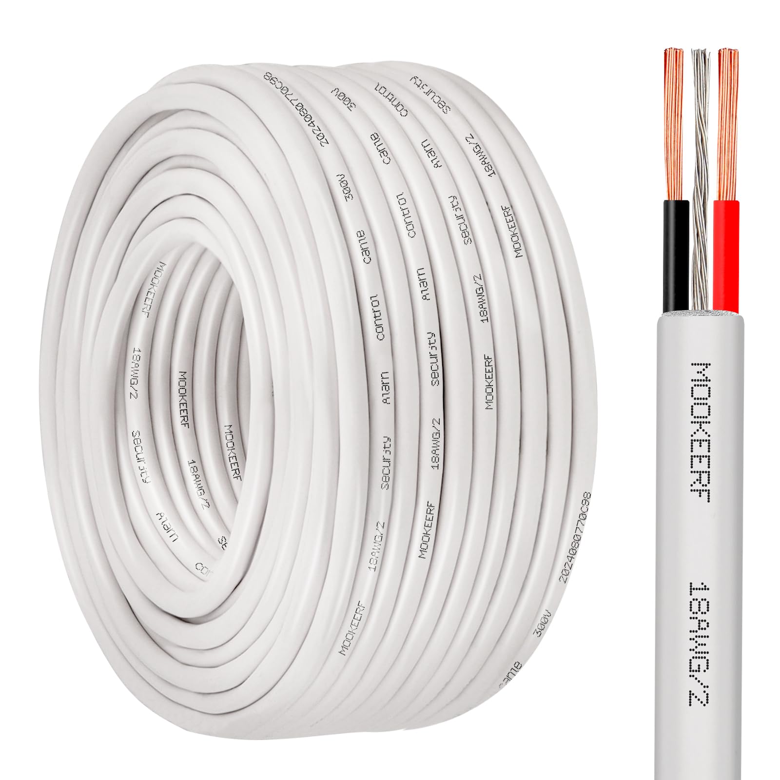 MOOKEERF Cable Plenum blindado trenzado de 2 conductores de 18 AWG, 100 pies, 18/2, cable blindado blanco CL3P para seguridad, alarma, control de acceso, sonido, 18 AWG, 2 conductores