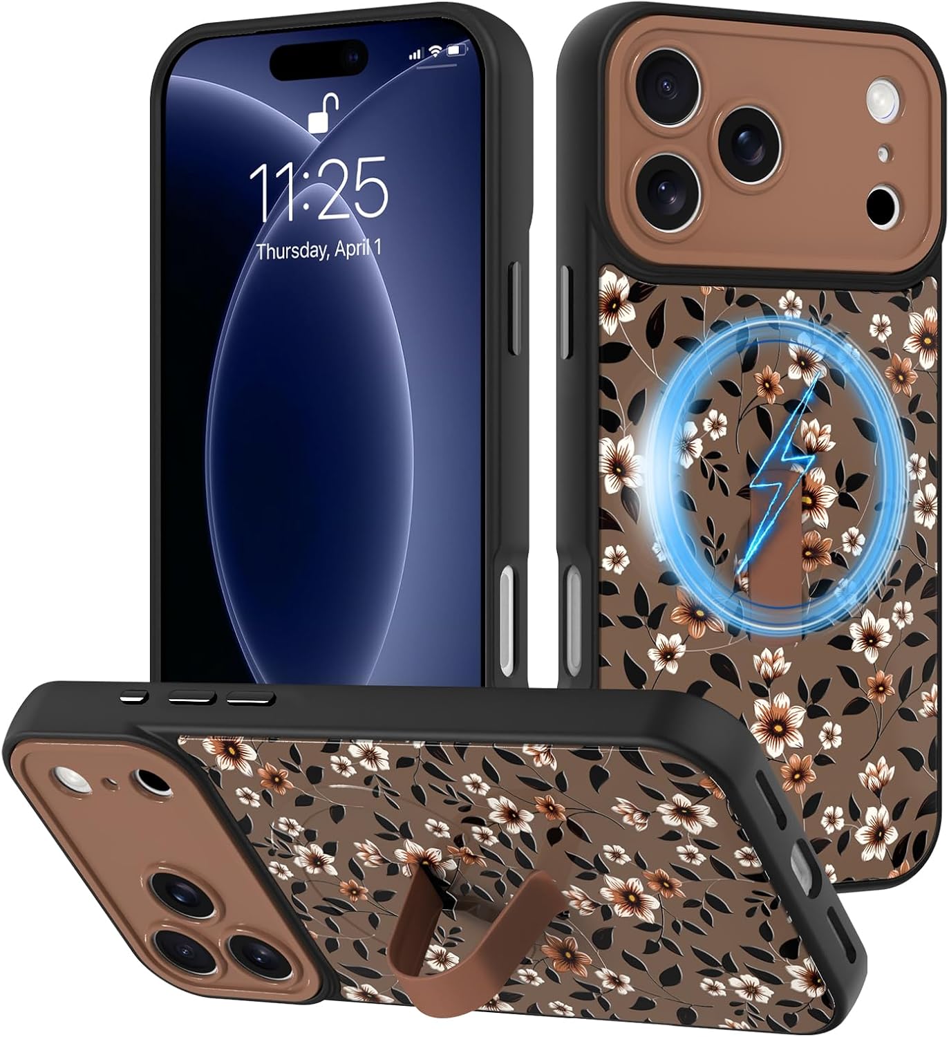 Magnetic for iPhone 18 Pro Max Case with Finger Strap, Brown Floral