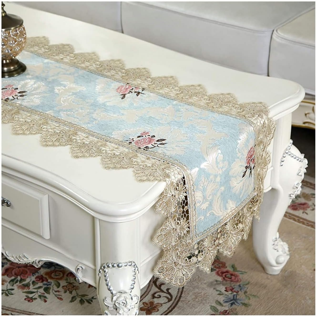 Table Runner Decoration,40x220CM,Flowers and Leaves with Lace Autumn Table Runner Lace,Table Runners Blue