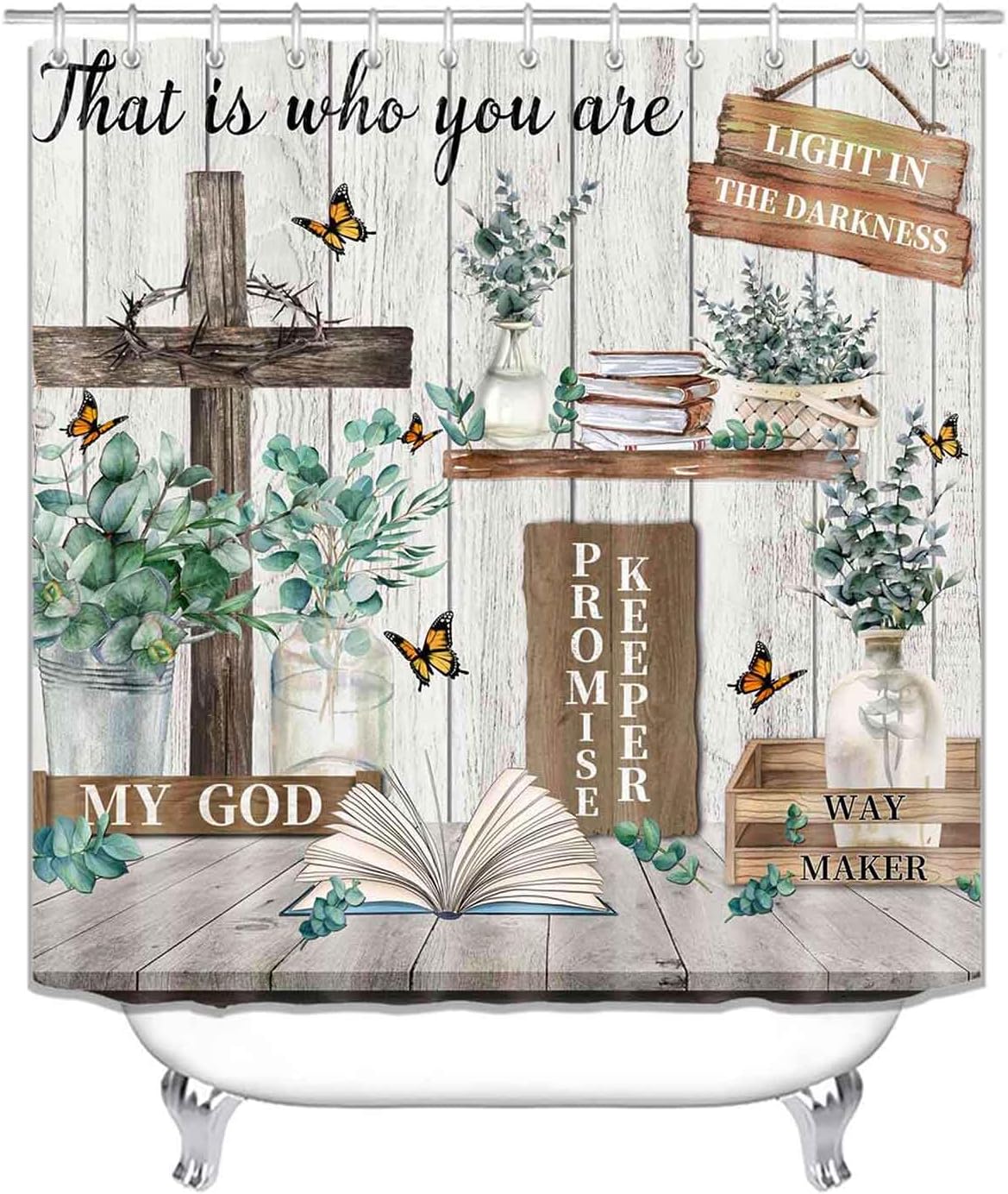 OLEBETY 4PCS Inspirational Quotes Shower Curtain Sets with Rugs, Waterproof Fabric Shower Curtain, Positive Motivational Word Eucalyptus Leaves Floral Butterfly Country Rustic Farmhouse Bathroom Decor