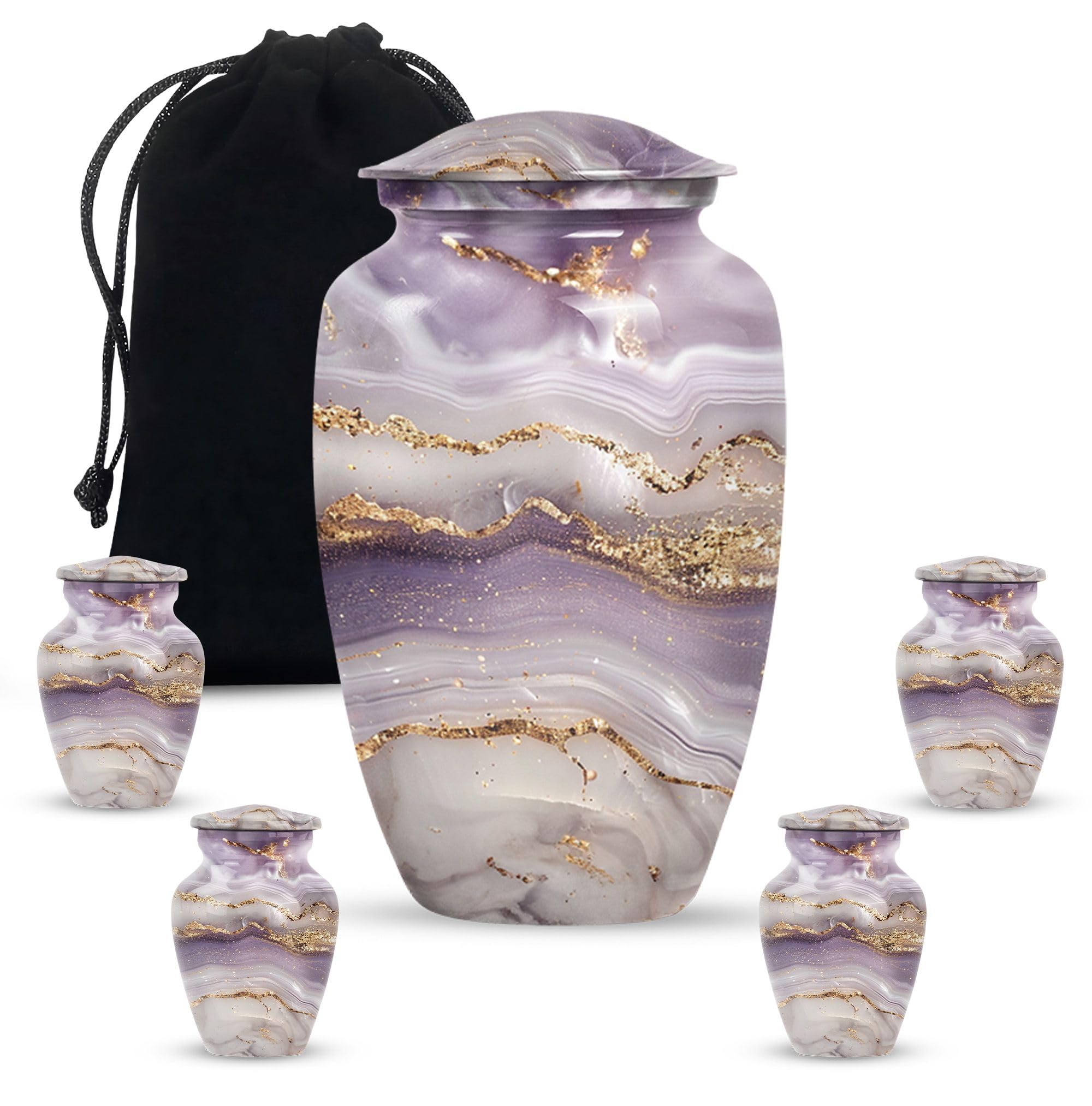 Golden Serenity - Burial Urn Adult Human Ash - Decorative Urns - Combo of 1 Large Urn with Velvet Bag and 4 Small - Metal Urn - Human Urns for Ashes - Funeral Urn - Cremation Urns for Burial