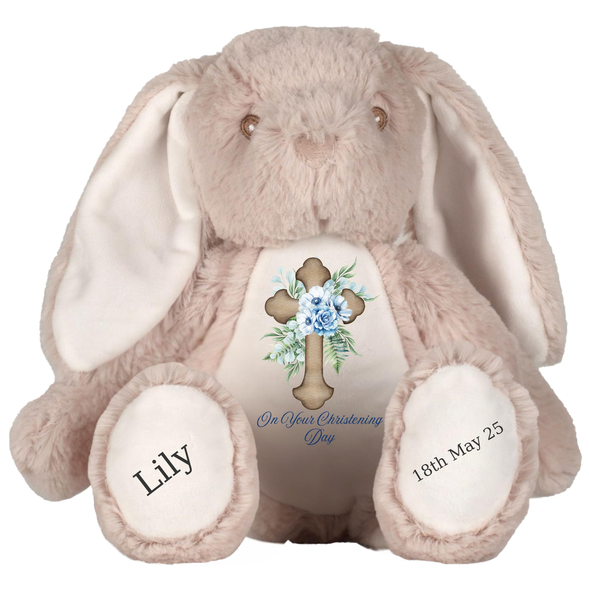 HotScamp Personalised Christening Bunny with Name - Blue Flower Cross On your Christening Day Soft Toy for Baby, Toddler, Child, Kids, Babies Baptism Church Spring Time - Blue Letter Brown Bunny