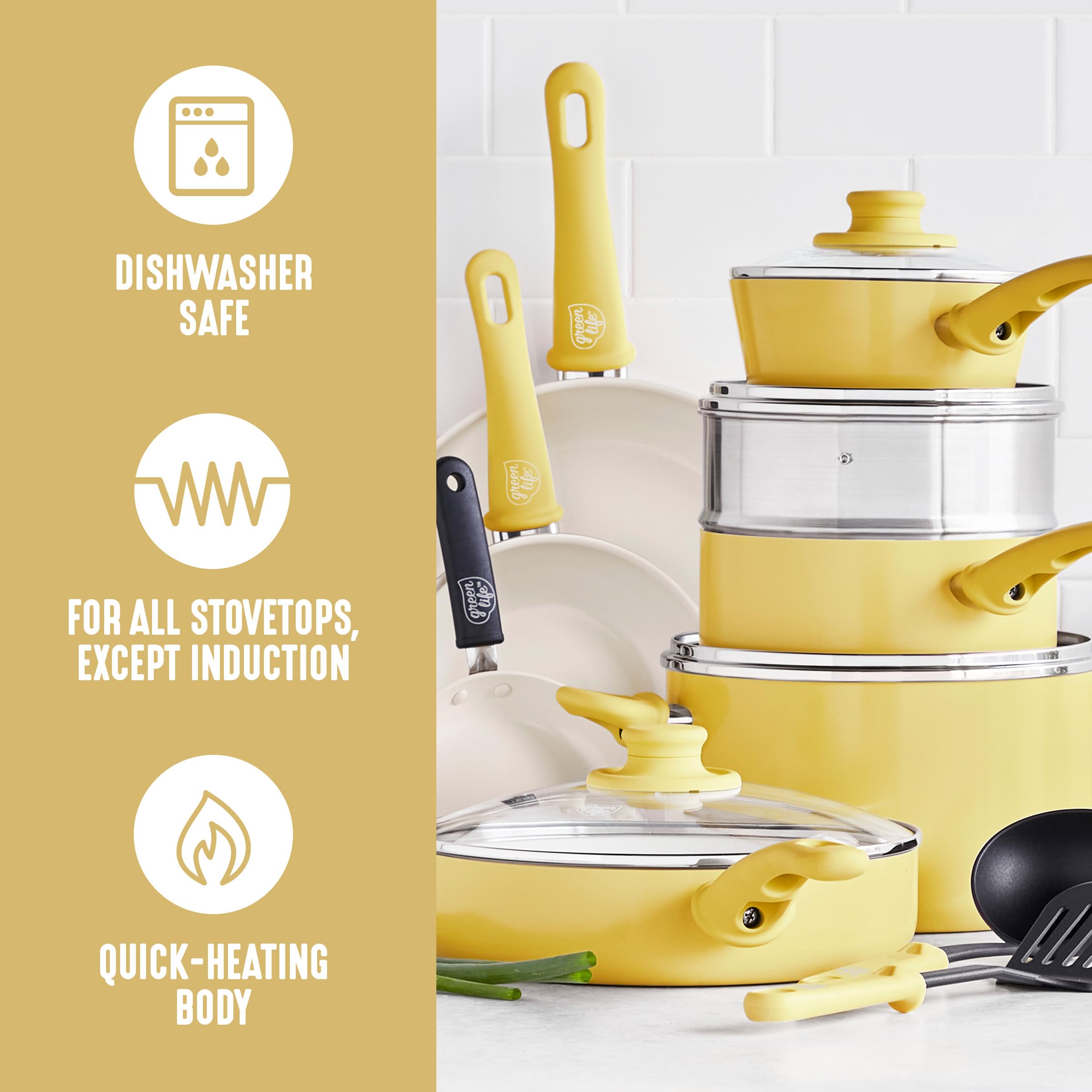 GreenLife 16 Piece Nonstick Cookware Set, Soft Grip Non-Toxic PFAS-Free Ceramic Pots & Pans, Dishwasher & Oven Safe, Frying, Sauce, Saute, Utensils, Glass Lids, Stay-Cool Handles, Wobble Free, Yellow: 16 Piece Cookware Set Yellow