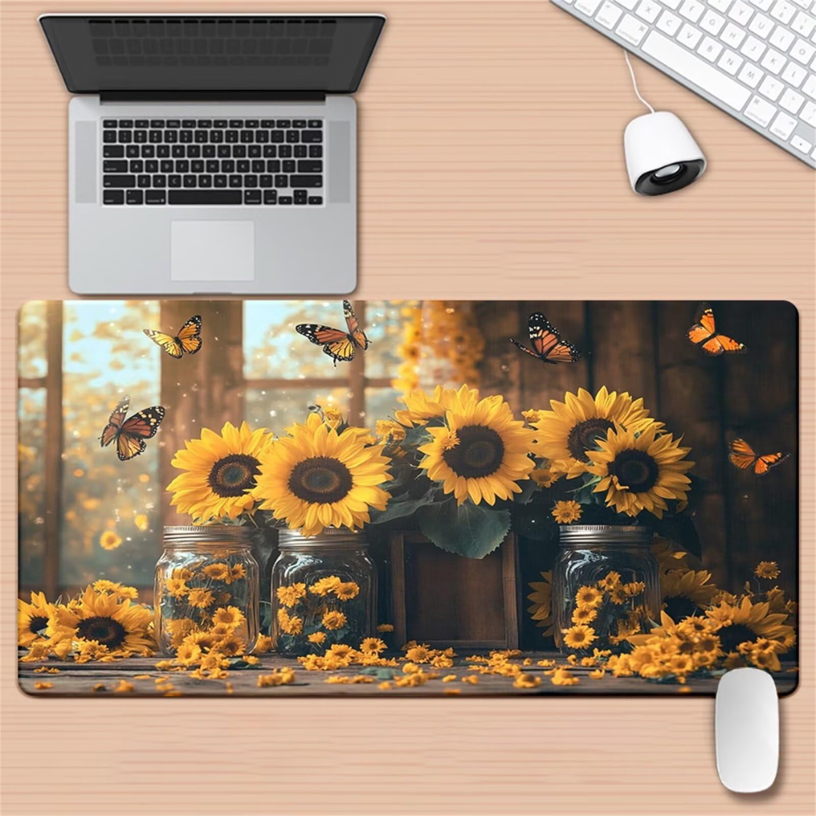 Alfombrilla de Ratón XXL 900x400x2mm, Alfombrilla de Escritorio Grande Mariposa Girasol, Mouse Pad Gaming Antideslizante con Bordes Cosidos para Teclado, PC y Oficina