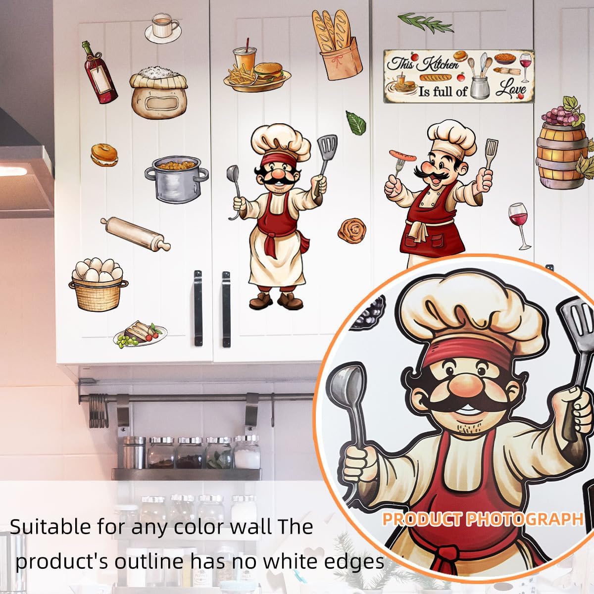 4 Sheets Cute Fat Chef Kitchen Decor Wall Stickers Removable Fridge Wall Decals Baking Wall Murals Peel and Stick Vinyl Kitchen Cabinet Decals Home Decorations
