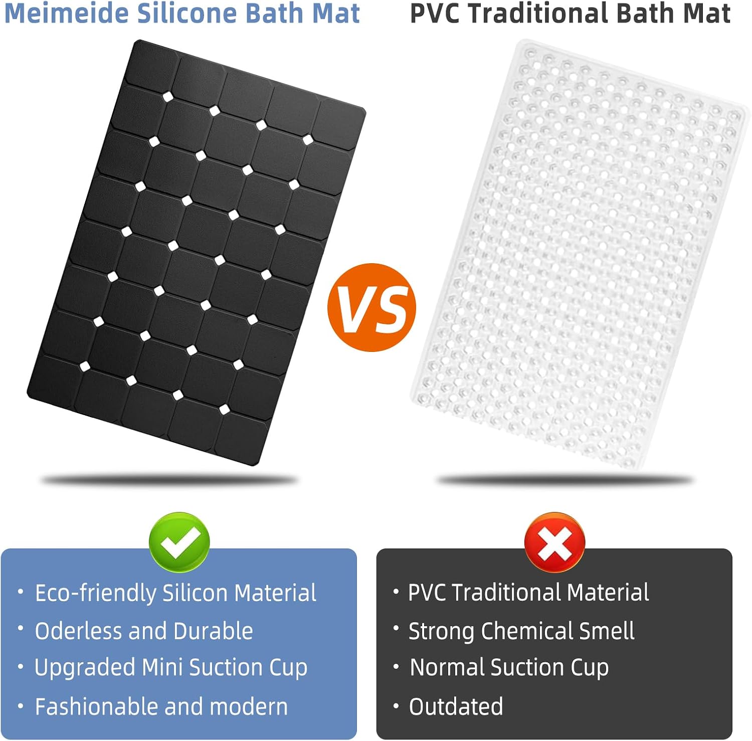 Bathtub Mat Non Slip Silicone Soft Odorless Bath Mat No Suction Cups for Refinished,Textured and Reglazed Tub Shower Mats Non-Slip 18 X 28Inch Black